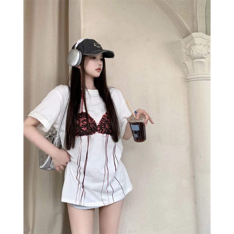 พร้อมส่ง เสื้อยืดแขนสั้นผ้าโพลีเอสเตอร์ลายผู้หญิงใส่บราทรงโอเวอร์ไซส์ผ้าเนื้อดีใส่สบายงานติดป้าย