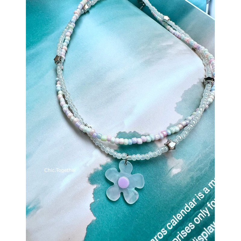 N e w สร้อยคอรุ่นลูกปัดสีพาสเทล 3 มิล เส้นคู่ เพิ่มจี้อะคริลิคดอกไม้
