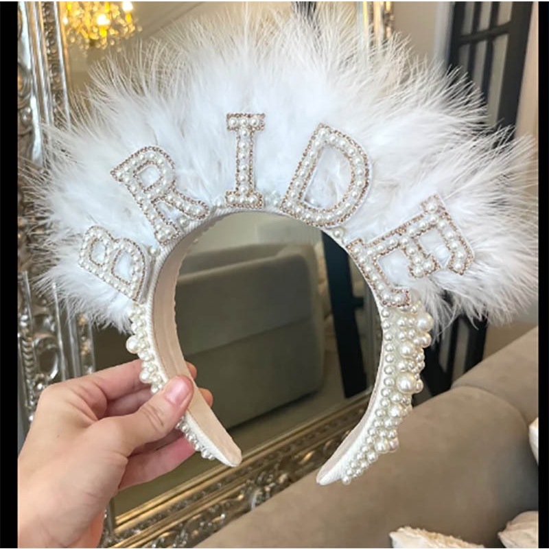 SB015 ที่คาดผมเจ้าสาวประดับมุกและขนนก X5-3