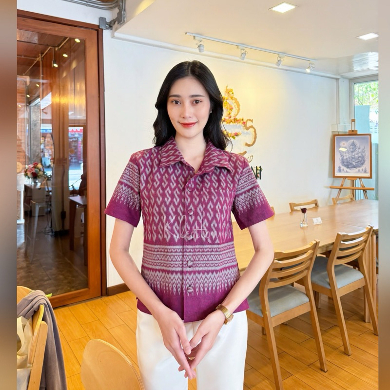เสื้อคอปกเชิ้ต ผ้าฝ้ายพิมพ์ลายขอ