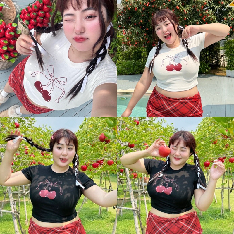 Cherry bowww เสื้อครอปสกรีนลายเชอร์รี่🍒 เสื้อครอปสาวอวบ อก30-48นิ้ว (มีไซซ์) plussize