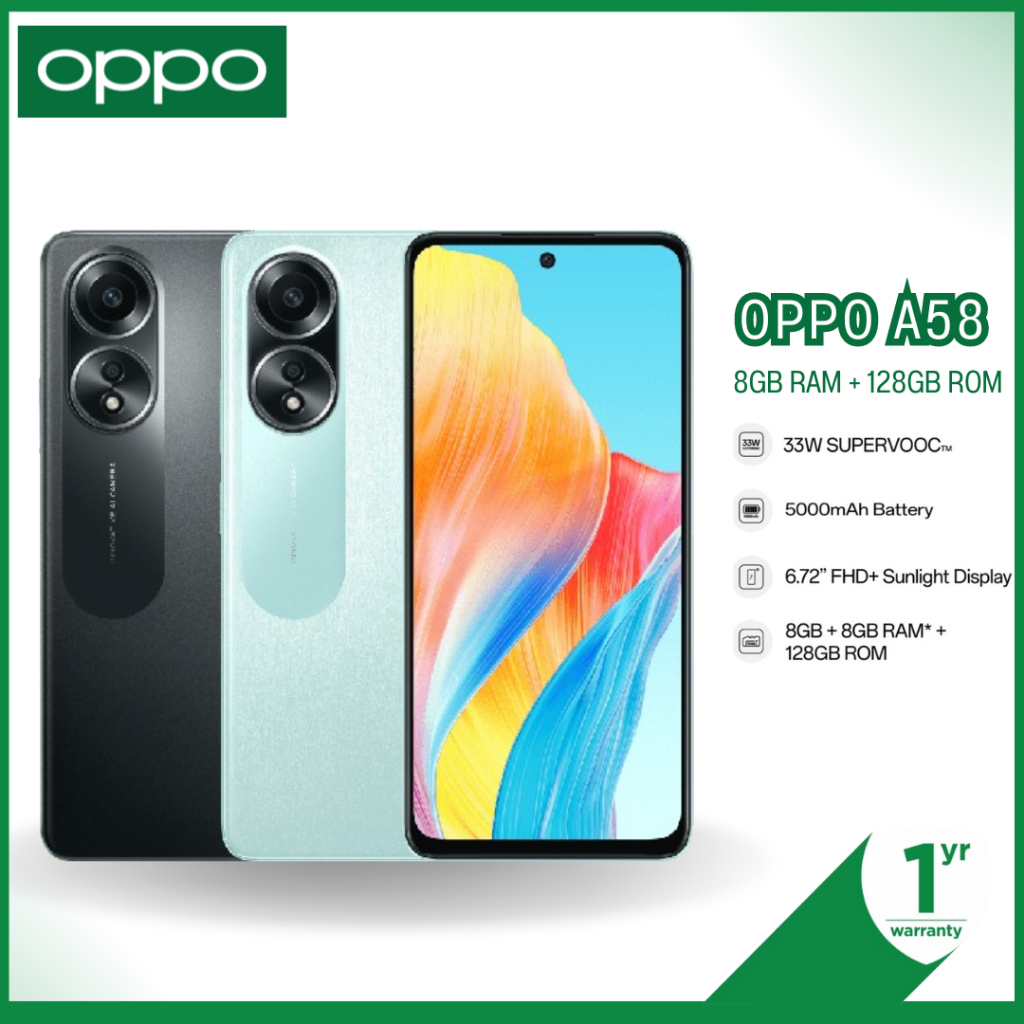 OPPO A58 (8+128) l โทรศัพท์มือถือชาร์จไว 33W แบตเตอรี่ 5000mAh ดีไซน์บางเบารับประกัน 12 เดือน