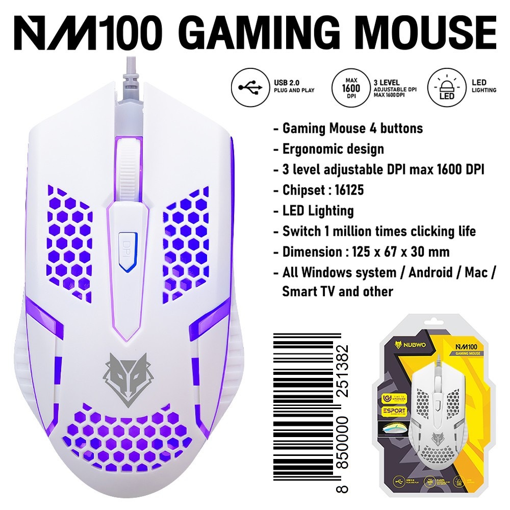 GAMING NUBWO NM100 GAMING MOUSE OPTICAL เมาส์เกมมิ่ง เมาส์มีไฟ DPI 3 ระดับ สูงสุดถึง 1600 DPI NM-100