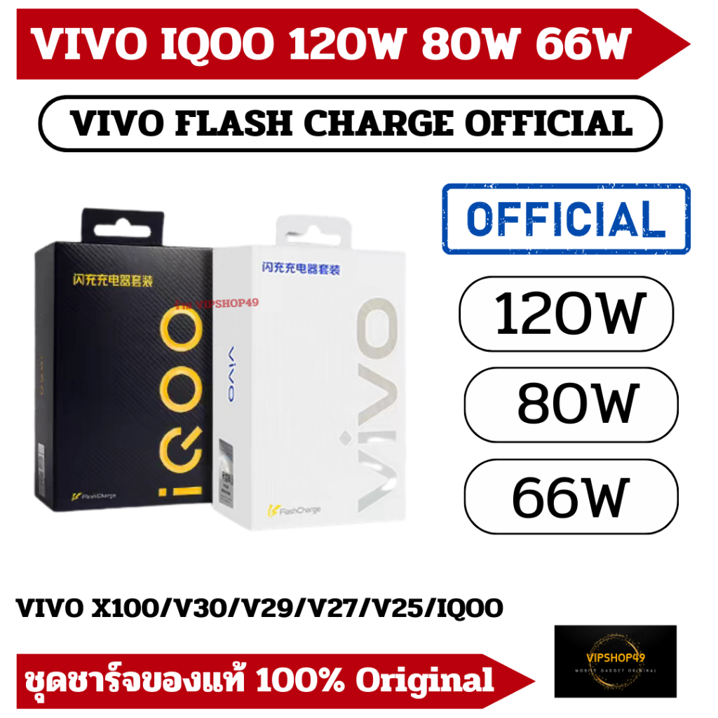 สำหรับ VIVO IQOO FLASH CHARGE ชุดชาร์จ 120W 80W 66W V27 V29 IQOO 11 T1 5G X90 IQOO Neo5 IQOO Z7