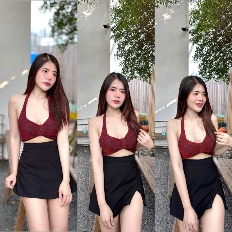 Sns99👛เสื้อครอป👛คล้องคอโชว์หลัง👛โบว์หน้าผ้ายืดShine