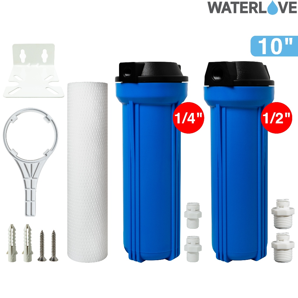 เครื่องกรองน้ำใช้ กระบอกกรองน้ำ 10 นิ้ว ทางน้ำเข้า-ออก 1/4" และ 1/2" พร้อมข้อต่อน้ำเข้าและออก