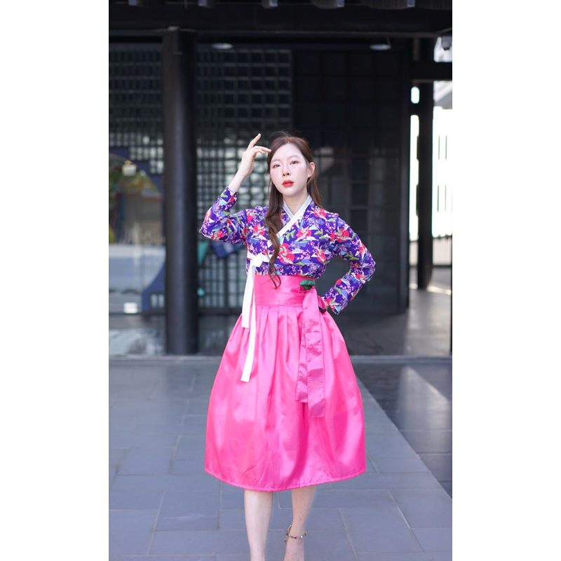 🇰🇷Modern Hanbok Set✨ ชุดฮันบกประยุกต์ เสื้อเชิ้ตพิมพ์ลาย+กระโปรงผ้าไหมเงา (Boraunnii)
