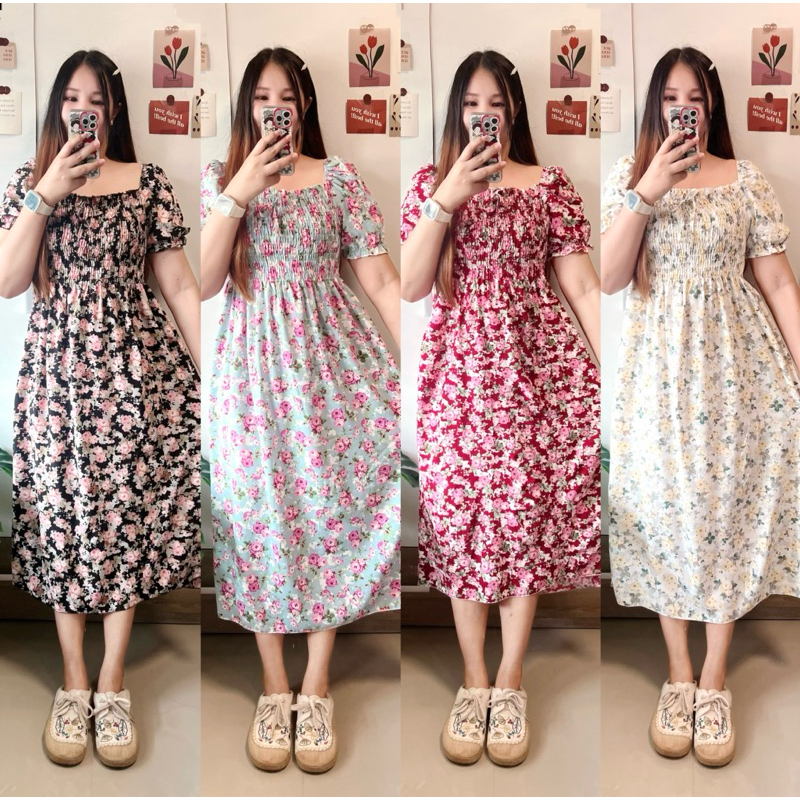 พร้อมส่ง เดรสลายดอก แต่งอกสม็อคเปิดไหล่ แขนตุ๊กตา ดีเทลผูกโบงานจริงใส่แล้วสวยมากๆ