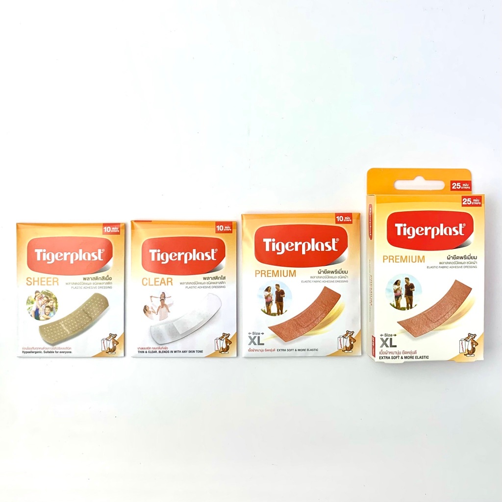 Tigerplast ไทเกอร์พล๊าส พลาสเตอร์ปิดแผลชนิดผ้ายืด Premium / สีใส / สีเนื้อ (1 กล่อง = 100 ชิ้น)