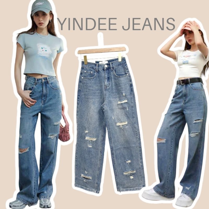 ADD+M-2 ผ้าหนา+Tagหนัง [S-XL]กางเกงยีนส์ทรงกระบอก ผ้าหนาสวยมาก เฟดสีสวย แต่งขาด