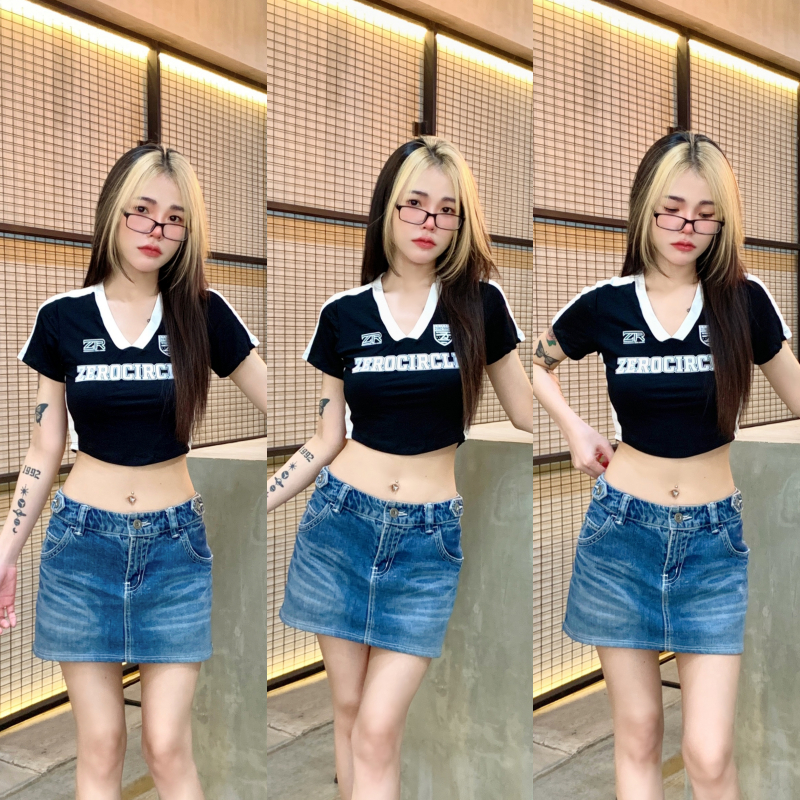 SpinnyHouse เสื้อครอปสไตล์เกาหลี ทรงรัดรูป ผ้าเรย่อนยืดเยอะ สาวอวบใส่ได้แน่อน รุ่น เสื้อzero B-002-4-B