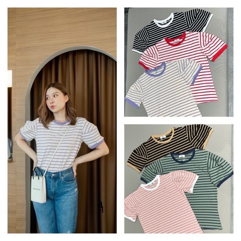 A21 เสื้อยืดแขนยกแต่งกุ้นแขน ผ้า cotton ลายริ้ว งานป้าย