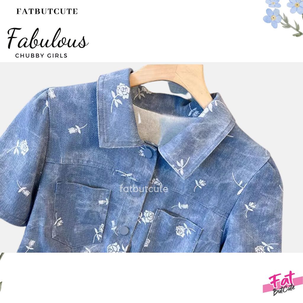 [มีอกถึง54นิ้ว]🌷เดรสยีนส์สาวอวบ🌷 คอปก ผ้ายีนส์งานน่ารักมากๆค่าผ้าปั้มลายดอก รหัส63750 - รูปที่ 2