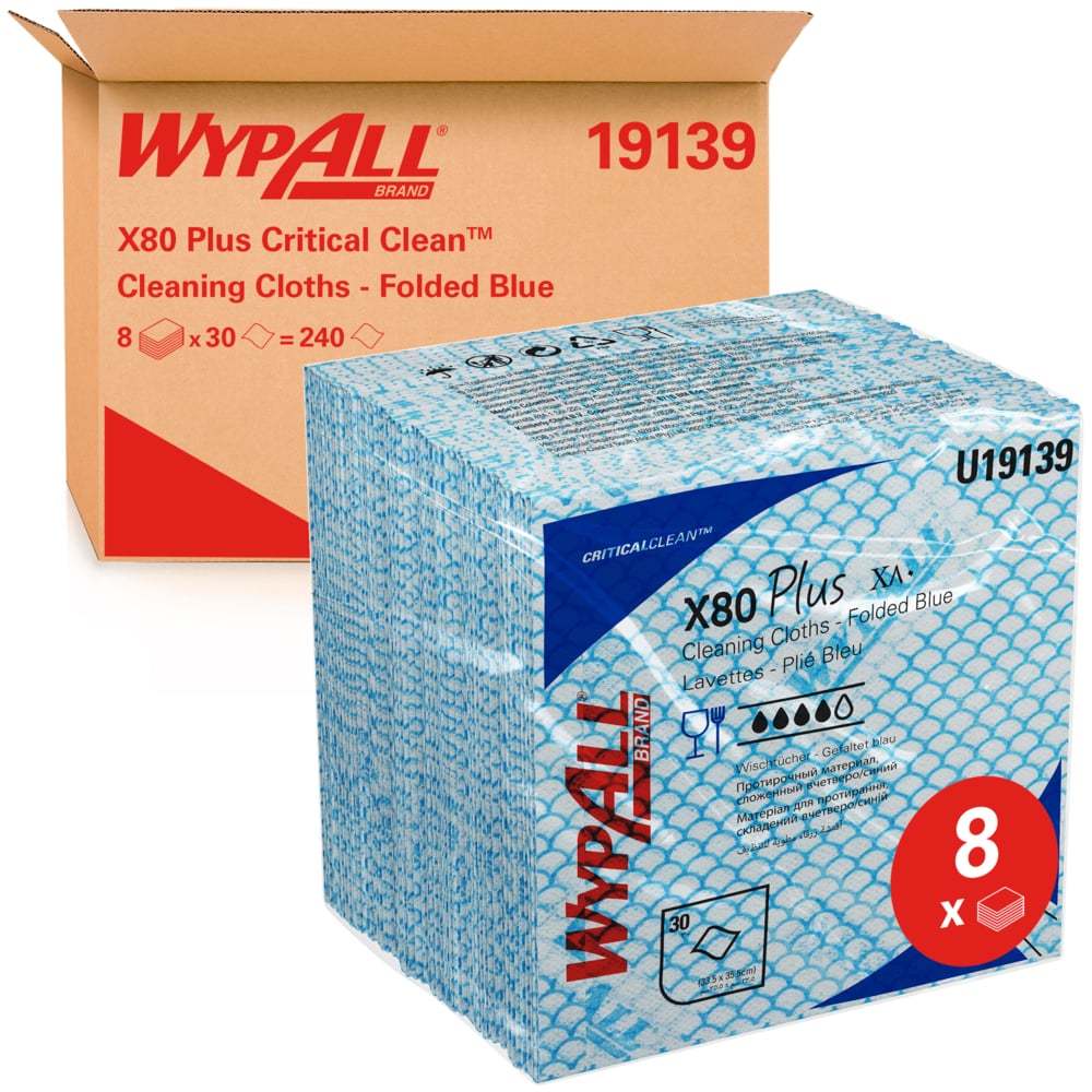 WypAll® X80 Plus Critical Clean™ Cloths 19139 - Blue Colour Coded Cleaning Cloths - 8 Packs x 30 Qua