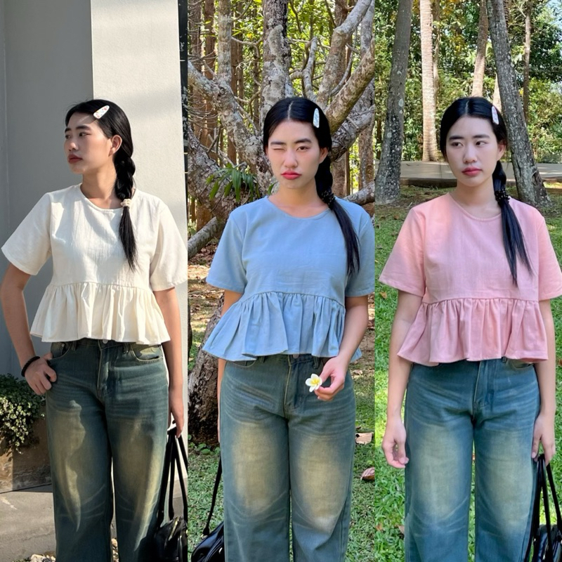 Olive (มี 2 Size) เสื้อครอประบายแขนสั้นคอกลมผ้าฝ้าย มีดีเทลเว้าหลังผูกโบว์ Manee.cotton