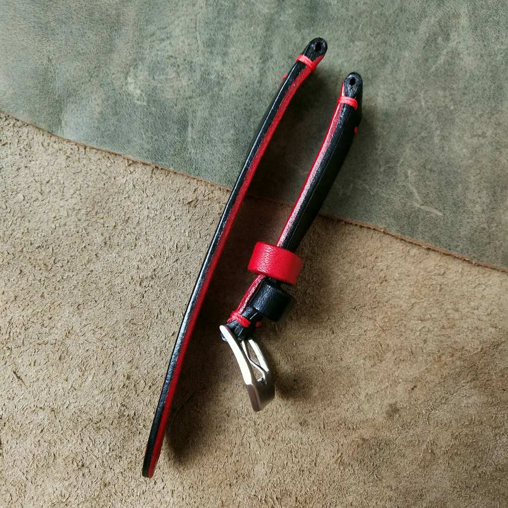 สายนาฬิกาหนังแท้ สีดำ-แดง #รุ่น Black_Red งานhandmade มีขนาด18-30mm.แถมฟรีสปริงสำรองและที่เปลี่ยนสาย - รูปที่ 3