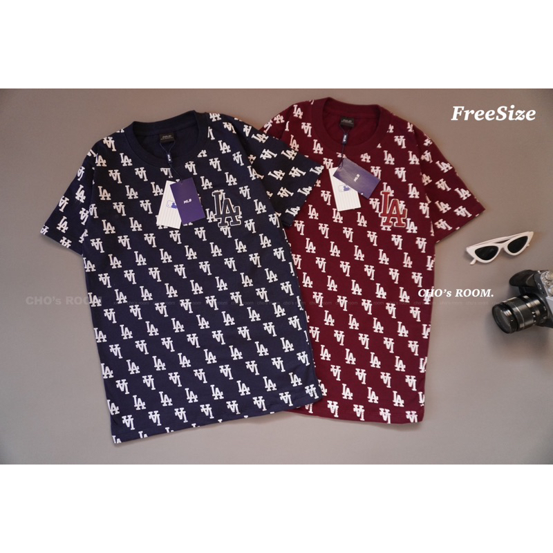 พร้อมส่ง เสื้อยืดคอกลม งานพิมพ์ลาย ปักหน้าอก ผ้าคอตตอล 100% LA