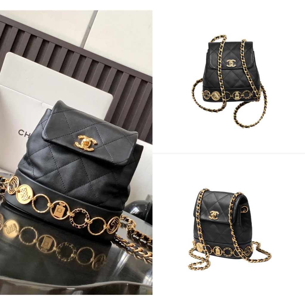 CHANEL/กระเป๋าเป้/23B/หัวเข็มขัดทอง/ลายเพชร/แท้ 100%