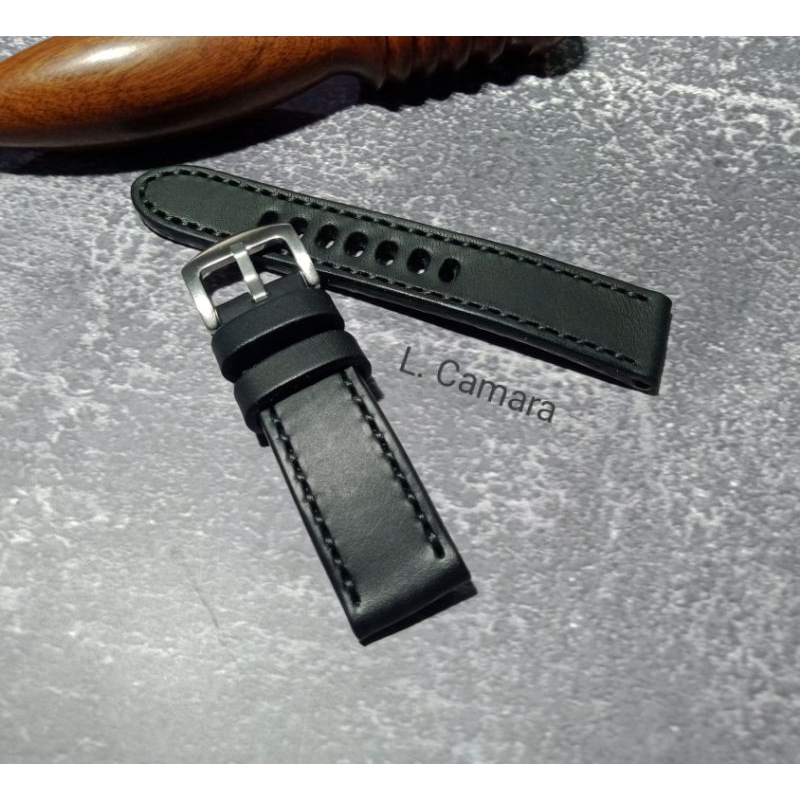 สายนาฬิกาหนังแท้ ฟอกฝาดอิตาลี สีดำ ด้ายดำ Watch Straps ขนาด 18,20,22,24,26,28 mm.