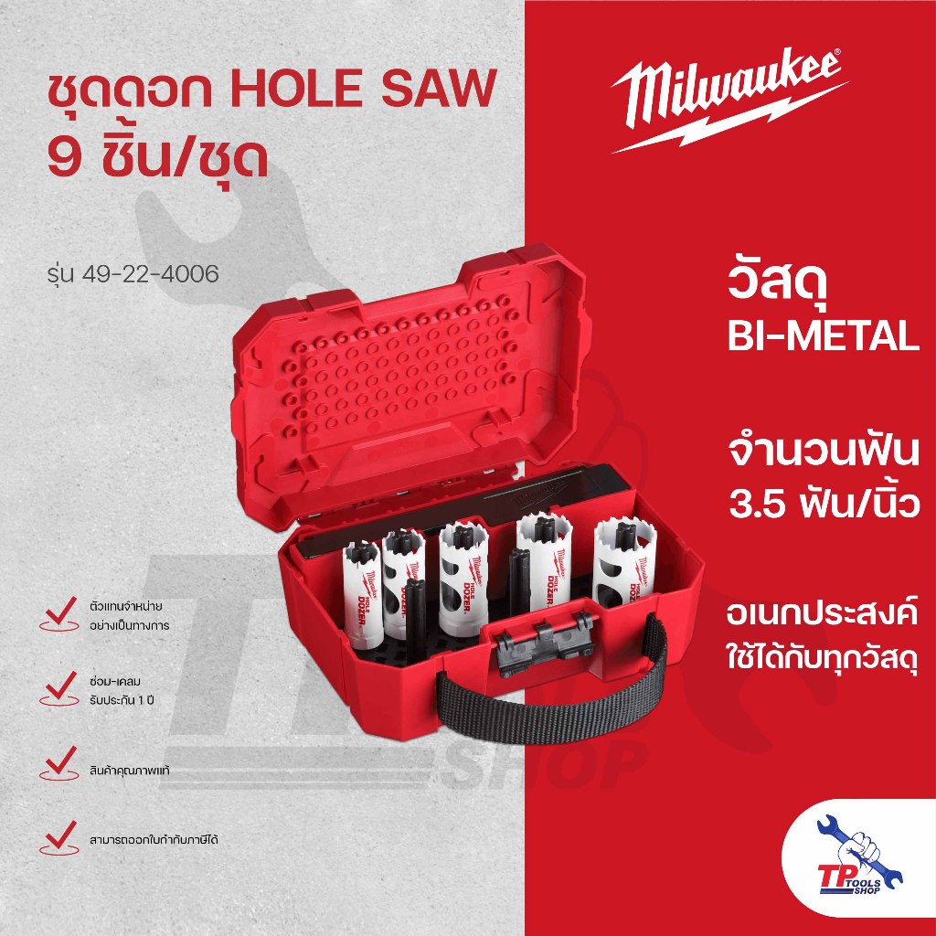 Milwaukee ชุดดอกเจาะ HOLE SAW BI-METAL 9ชิ้น/ชุด รุ่น 49-22-4006
