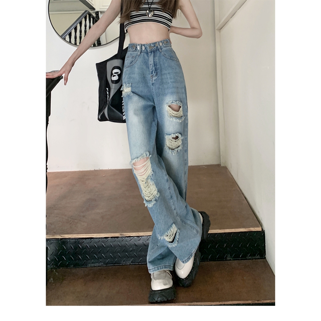 GHAOHESกางเกงยีนส์ขาดS-5XLเอวสูง ประเภทรุ่นหลวม กระชับหน้าท้องและดูเรียวขึ้น กางเกงยีนส์y2k - รูปที่ 3