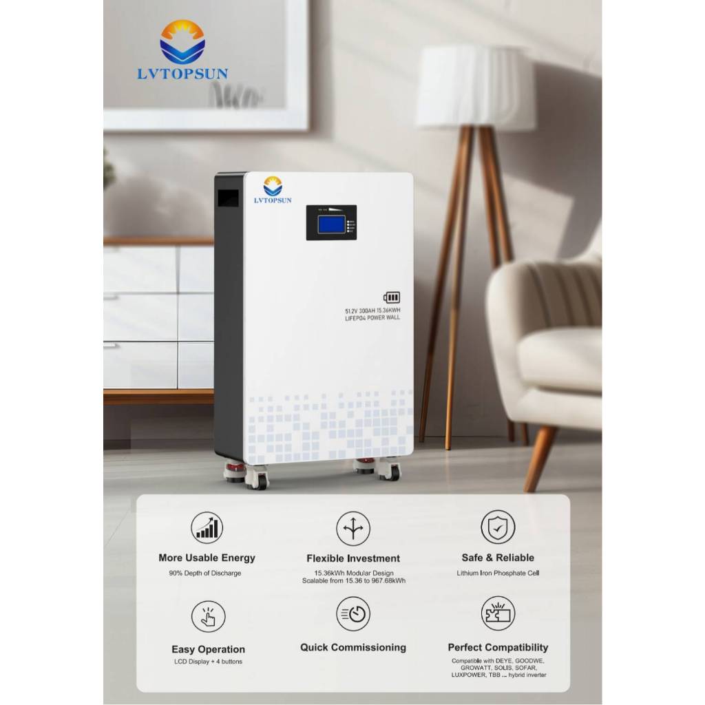 LVTS-512300 Lifepo4 6000 Cycle ,80% DOD 51.2V 300Ah ,Brand LVTOPSUN แบบติดผนัง และมีล้อเลื่อน