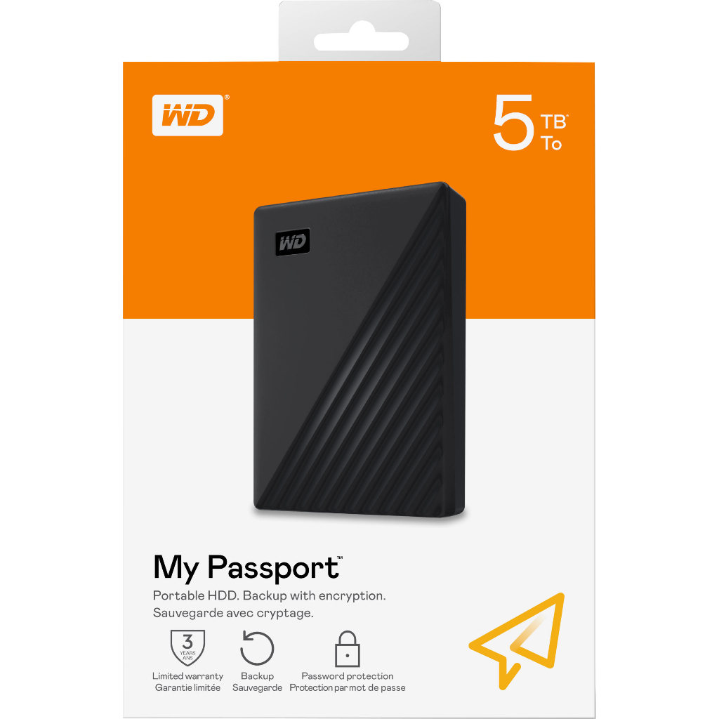 External Harddisk 5TB รุ่น WD My Passport HDD USB 3.2 ฮาร์ดดิสภายนอก 2.5'' สีดำ แถมฟรี PREMIUM Protection Case คละสี