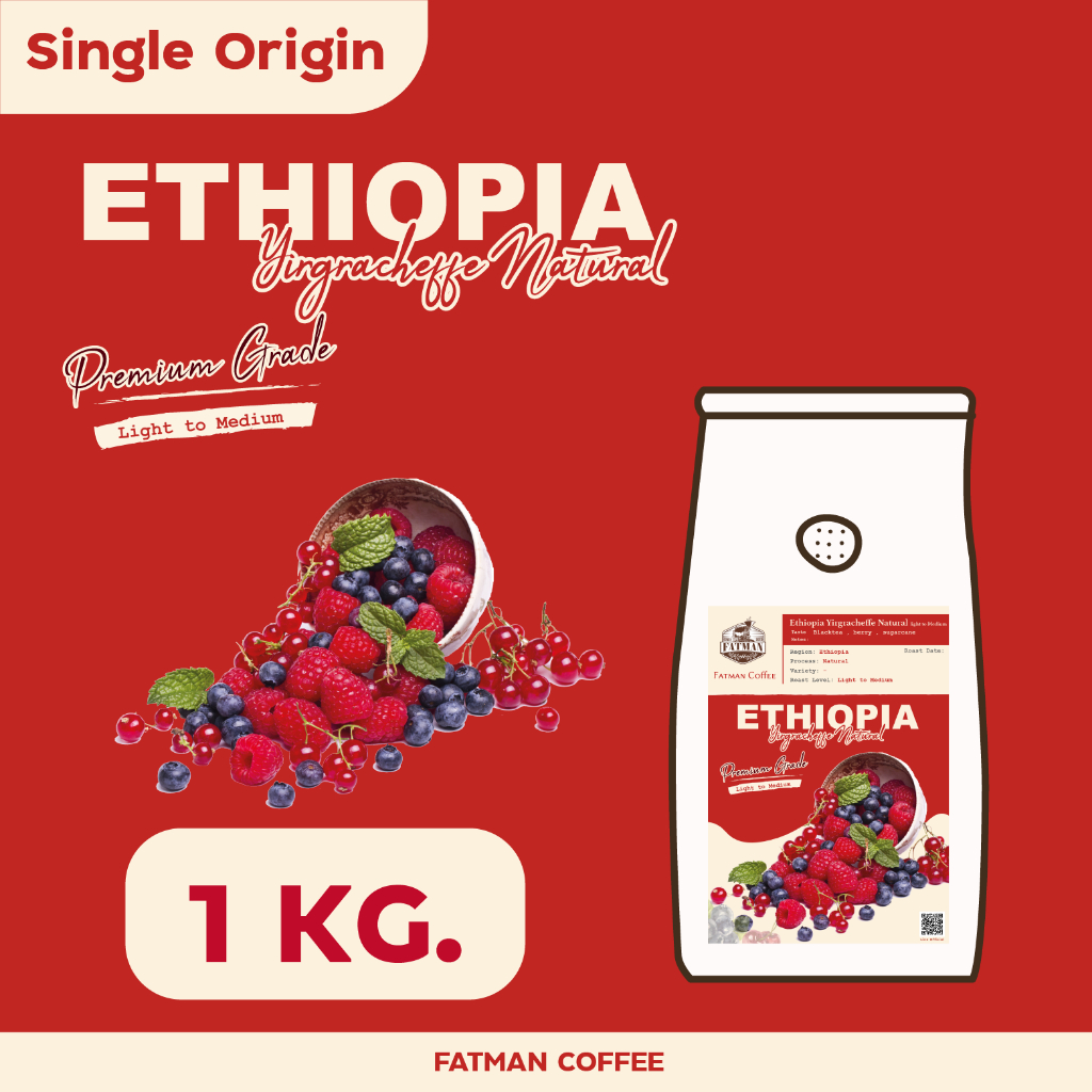 เมล็ดกาแฟคั่วอ่อนไปกลาง ราคาส่ง 1-3 Kg. Ethiopia Yirgracheffe Natural Light to Medium Premium Grade