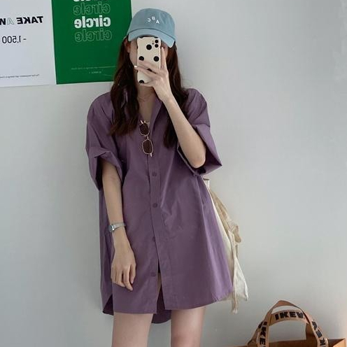 Grace W301 เสื้อเชิ้ตทรงหลวมแขนยาวสไตล์เกาหลีใหม่สีม่วง เชิ้ตแขนสั้นผู้หญิง oversize สไตล์เกาหลี