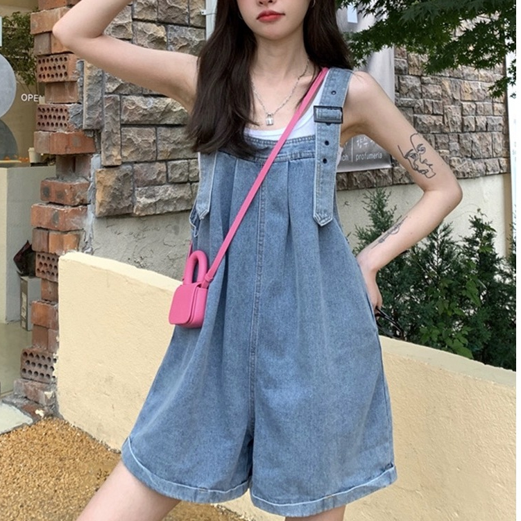 yoyomall เอี๊ยมยีนส์ขาสั้น เอี๊ยมกางเกง ชุดเอี๊ยม สายวินเทจ สวมใส่สบาย #012