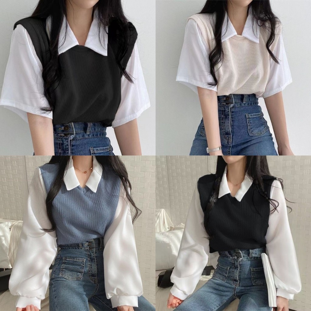 เสื้อยืดผู้หญิง เสื้อยืดโปโล สไตล์เกาหลี ปลอม สองชิ้น #60191