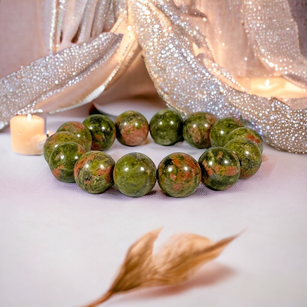 สร้อยข้อมือ หินยูนาไคต์ หินนำโชค ลูกปัดกลมสวย ขนาดลูกปัด 6-8-10-12-14 มิล ขนาดไซส์ข้อมือ 13-20 cm