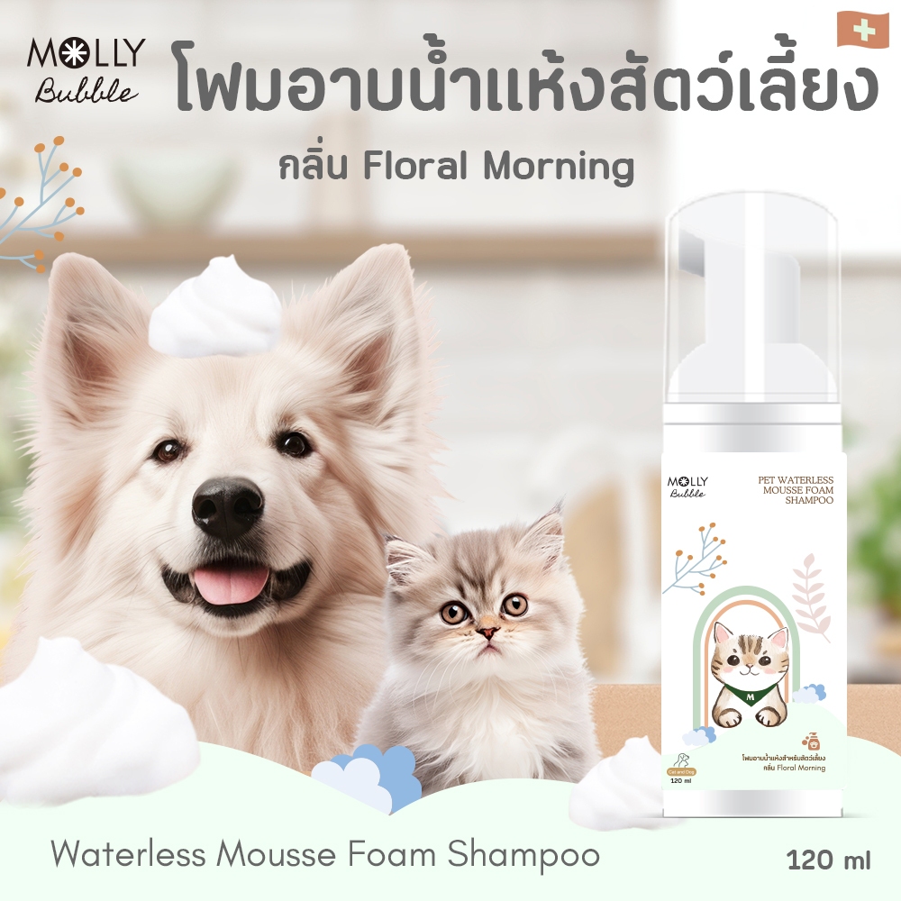 Molly Bubble แชมพูอาบน้ำแห้ง แมว สุนัข แบบมูสโฟม กลิ่น Floral Morning สูตรอ่อนโยน ไม่ต้องล้างน้ำออก
