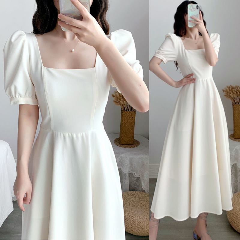 MVP🌈จัดส่งจากไทย 🚛 เดรสสีขาวผู้หญิง ชุดราตรี สไตล์เกาหลี แขนพัฟ คอเหลี่ยม เดรสสีขาว