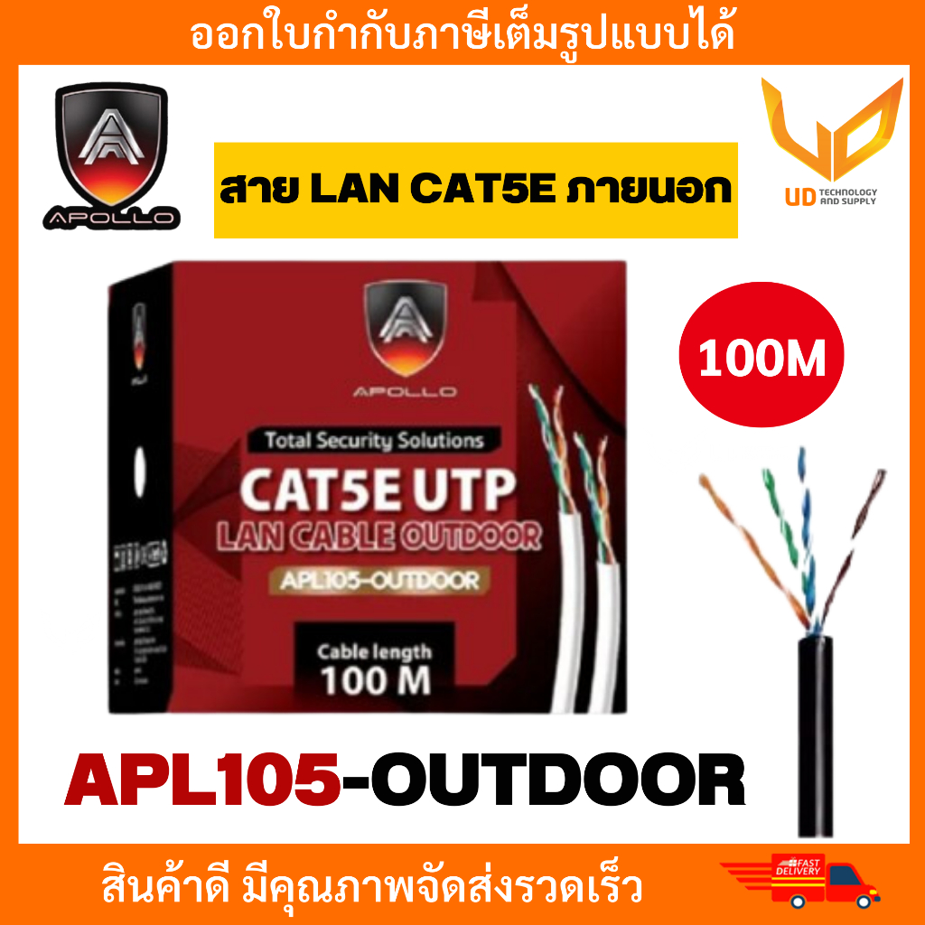 Apollo สายแลน CAT5e UTP Cable APL105-OUTDOOR (100m/Box) สำหรับใช้ภายนอกอาคาร สายสีดำ พร้อมส่ง