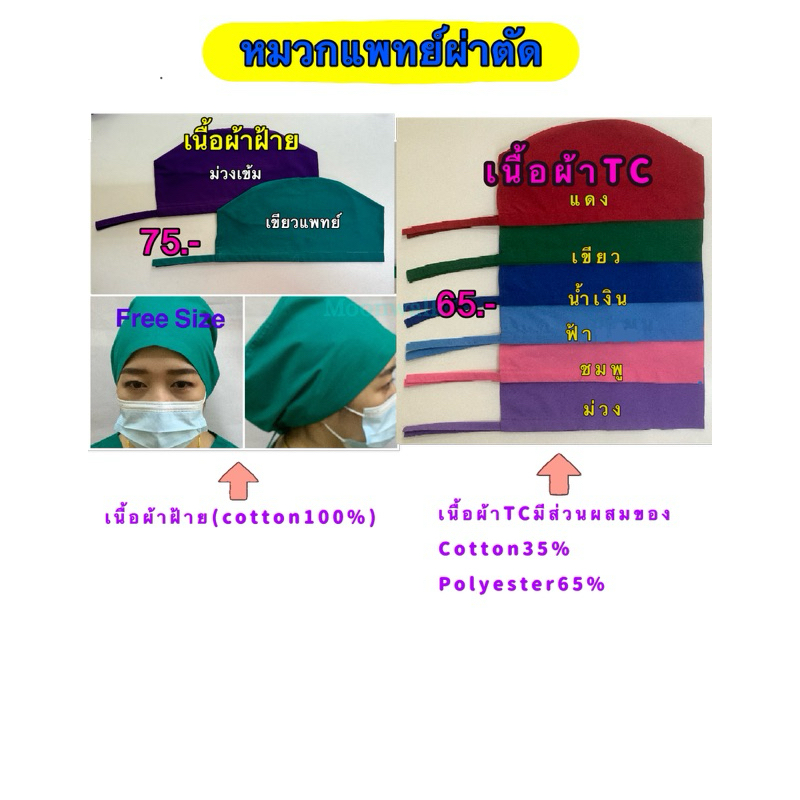 หมวกแพทย์ผ่าตัดทำจากผ้าฝ้าย100%Cottonและผ้าTC210เส้น