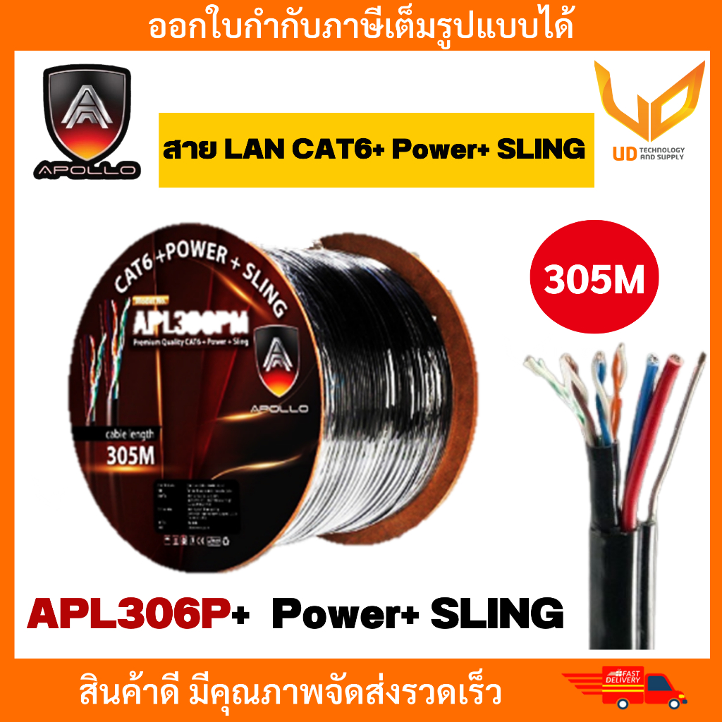 Apollo สายแลน CAT6 มีไฟ+มีสลิง APL306P-M OUTDOOR+POWER+SLING (305m/Box)สำหรับใช้ภายนอกอาคาร พร้อมส่ง
