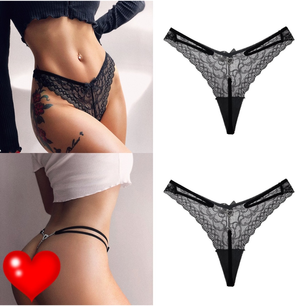 กางเกงในสีดำ จีสติงสีดำ กางเกงชั้นในผู้หญิงผ้าลูกไม้ประดับด้านหลัง ไม่มีชื่อสินค้าหน้ากล่องพัสดุ
