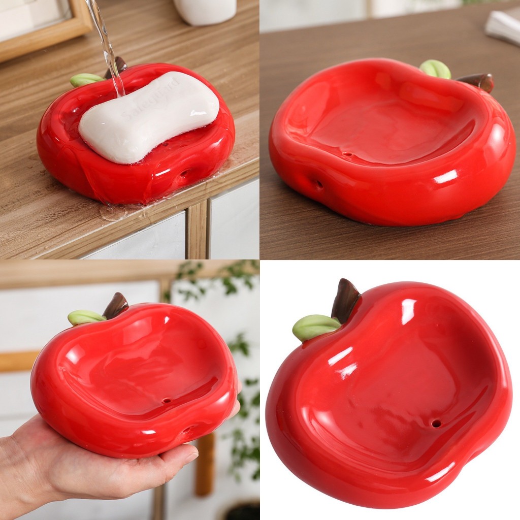 พร้อมส่ง🍎ที่วางสบู่ ที่วางสบู่เซรามิกรูปแอปเปิ้ล ceramic apple shaped soap holder แท่นวางสบู่แอปเปิ้ล มีรูระบายน้ำ 83002