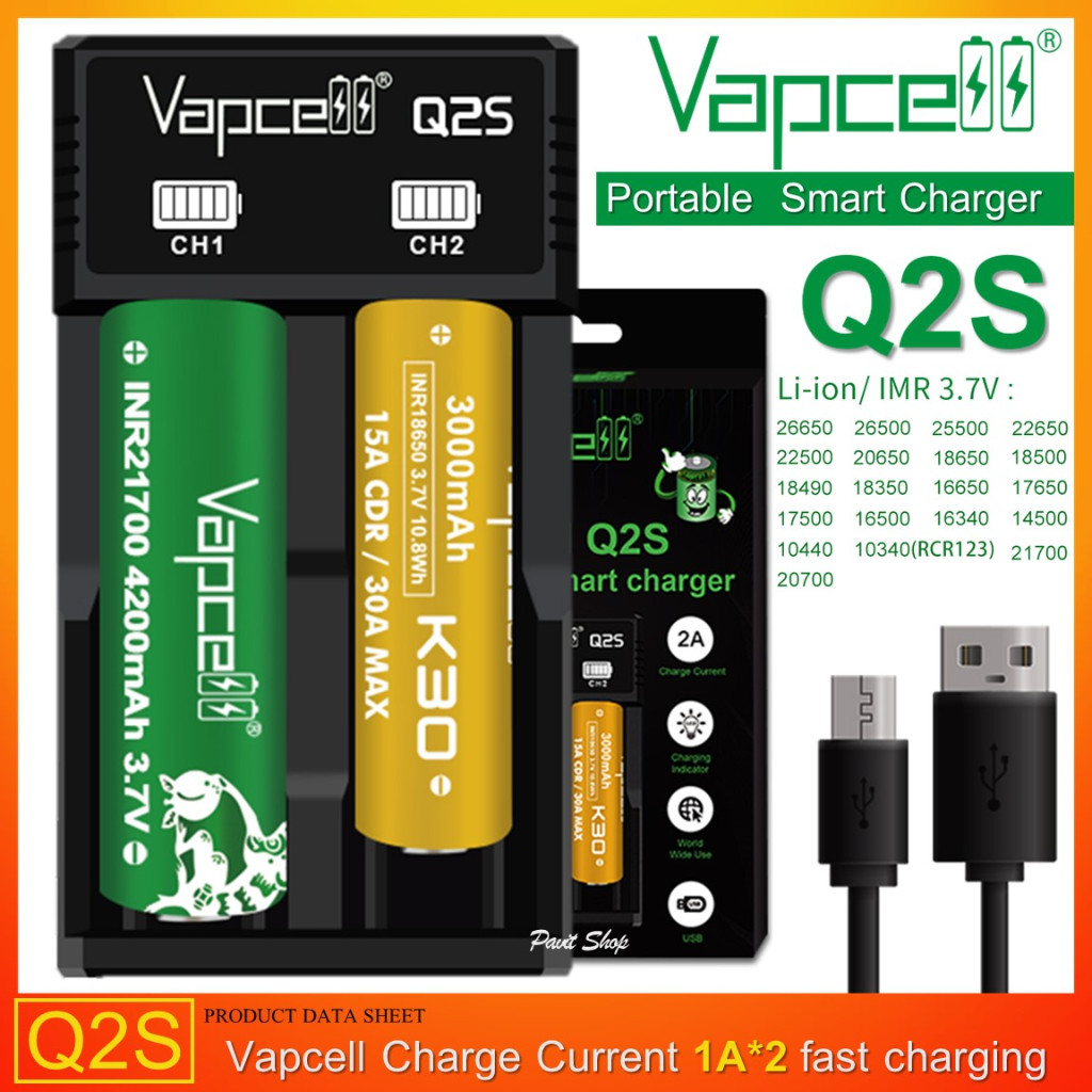 เครื่องชาร์จ Vapcell Q2S สำหรับถ่าน 3.6v/3.7v Li-ion: 10340(RCR123)/10440/14500