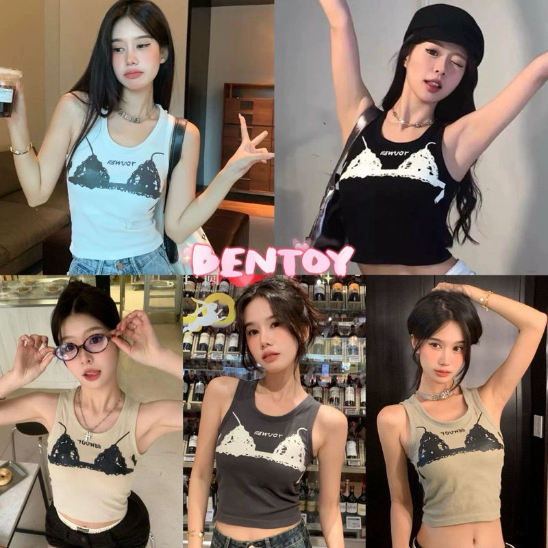 Bentoy(bratop505)เสื้อกล้ามครอปท็อป มีฟองน้ำ ลายบราหน้าอก เก๋ๆ แมทช์ง่าย