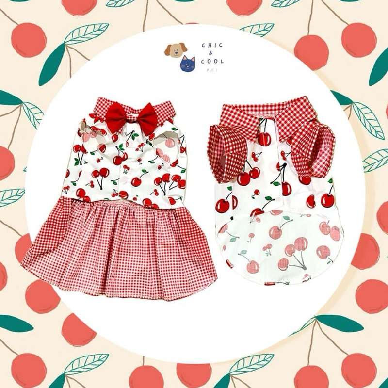 ชุดคู่หมาแมว เสื้อหมา เสื้อแมว ชุดเดรสหมาแมว ( ลาย Cherry )