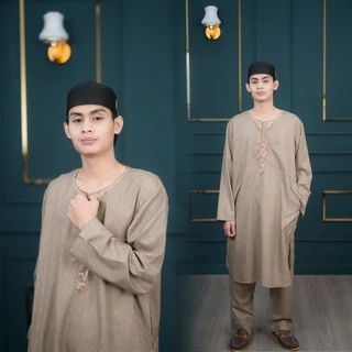 ชุดปากีชายแขนยาว เสื้อ+กางเกง เนื้อผ้าคอลตอล ปักลายอย่างลงตัว กระเป๋าใช้งานได้จริง AE57 วาริสมุสลิม