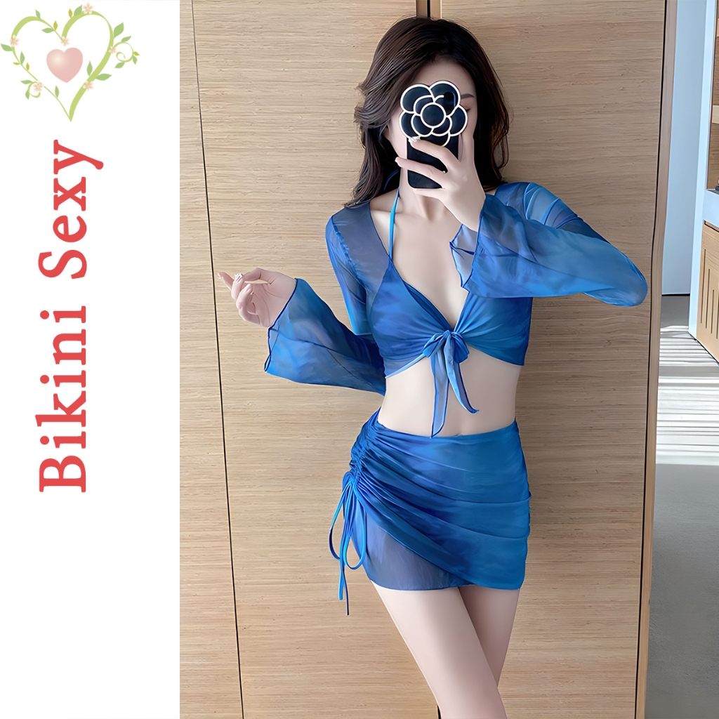 BikiniSexy ชุดว่ายน้ำ3ชิ้น เซ็กซี่ ผูกเชือก ชุดว่ายน้ําผู้หญิงขายาว กันuv สีทึบ พร้อมส่งจากไทย #0234
