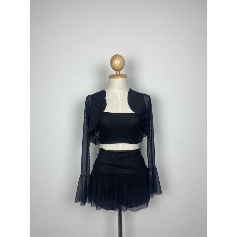 V.2 pixxy เซตตาข่าย3ชิ้น เกาะอก+เสื้อคลุม+กระโปรงกางเกง ละมุน