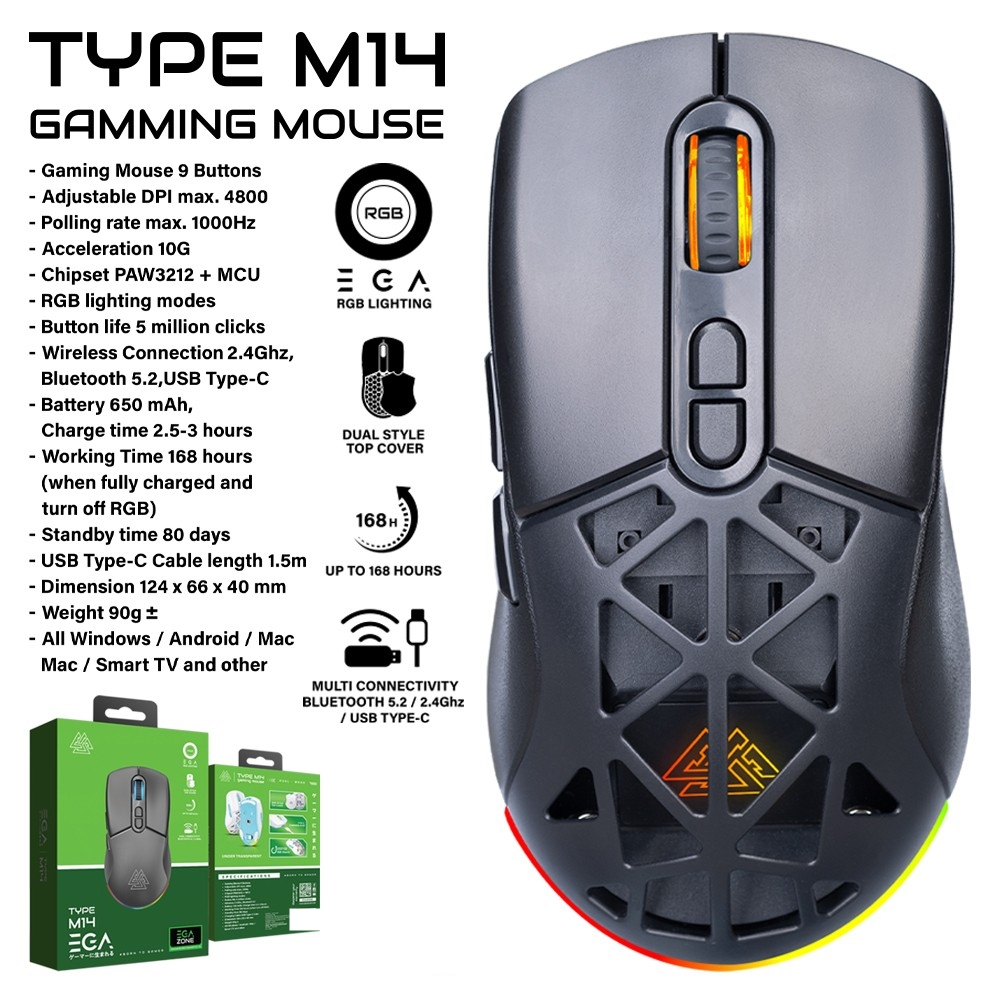 เมาส์ไร้สาย EGA Type M14 Wireless & Bluetooth Gaming Mouse RGB เมาส์เกมมิ่งไร้สาย เมาส์เกมมิ่ง ประกันศูนย์ 2 ปี รูปที่ 3