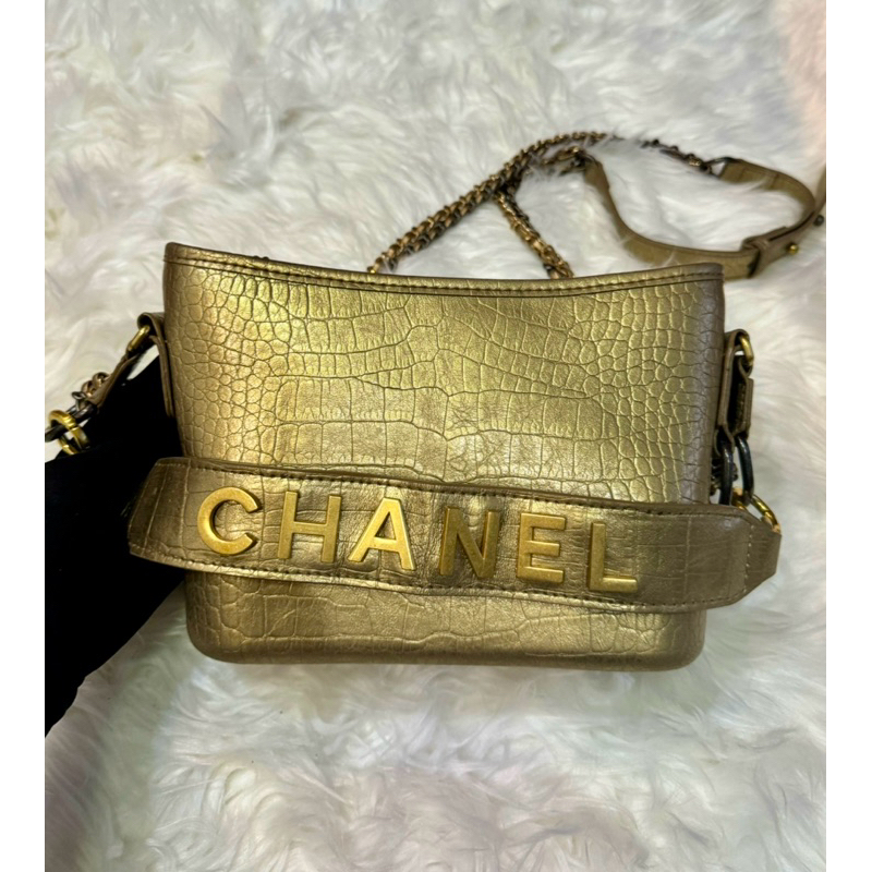 Chanel Gabrielle 20CmHobo Bag In Metallic Crocodile Emobssed Calfskin With Gold-Silver Tone Hardware Gold