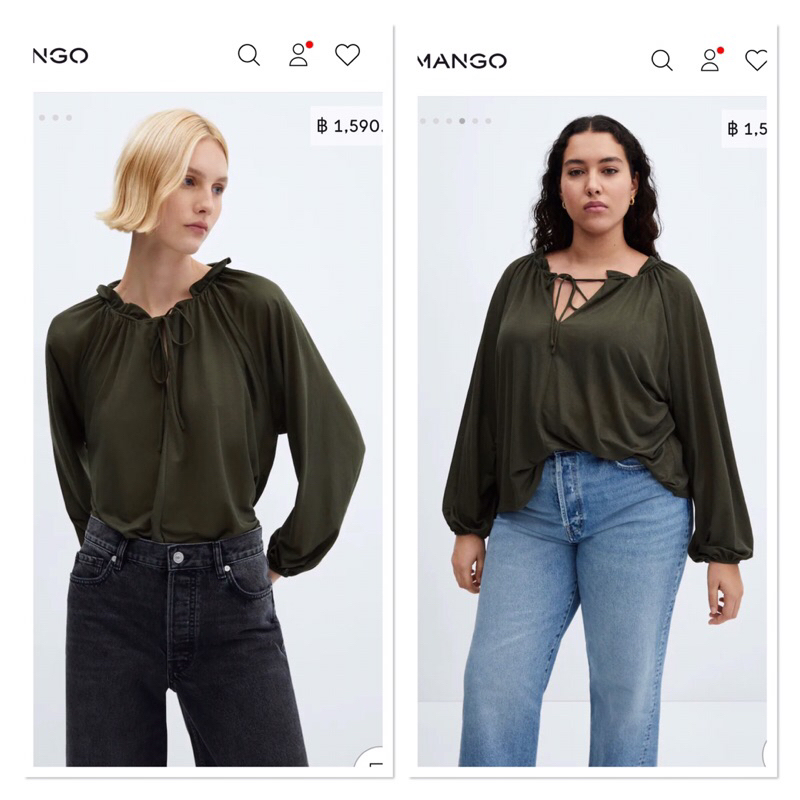 MANGO เสื้อเบลาส์ผ้าคอตตอน เจอร์ซี่ แขนยาว สีเขียวขี้ม้า ทรงหลวม คอเชือกผูกโบว์