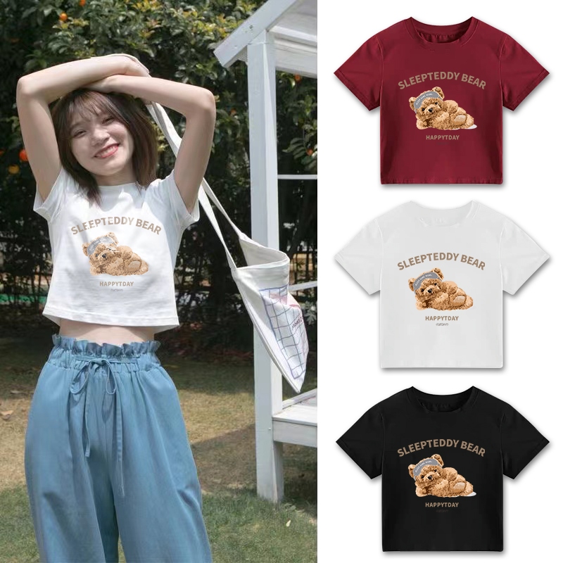 เสื้อครอปแฟชั่น เสื้อผู้หญิง เเขนสั้น สกรีนลายการ์ตตูนพี่หมี ผ้านิ่ม ใส่สบายมาก เหมาะสำหรับหญิงสาว