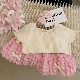Babyonline(Y342)E3 (ส่งด่วน1วัน)ชุดเซ็ตเสื้อแขนสั้นกางเกงขาสั้นทรงบอลลูนแต่งโบว์สุดน่ารัก ผ้านิ่ม